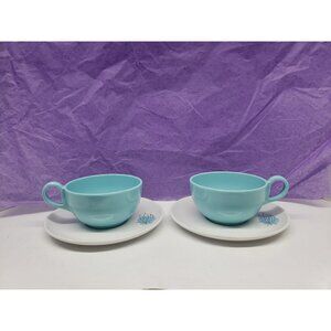 MCM Brookpark Melmac Fantasy Line Joan Luntz 2 Cups & 2 Saucers Turquoise Teal
